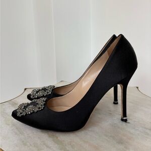 Manolo Blahnik $1800 Hangsi Black Heels with Crystal Embellishments 38